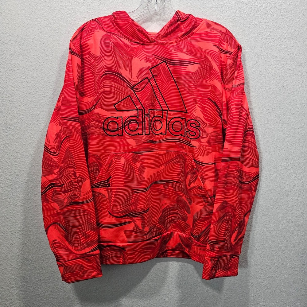Adidas Boys XL 18/20 Red Black Wavy Marble Graphic Logo Fleece Hoodie Sweatshirt